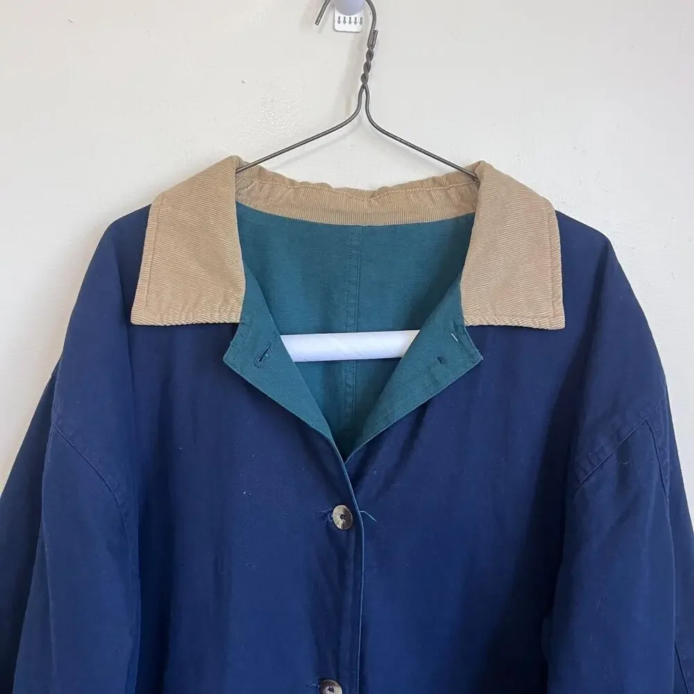 Vintage 90s Chore Barn Mens Jacket Size XL Blue Green Reversible Corduroy Collar